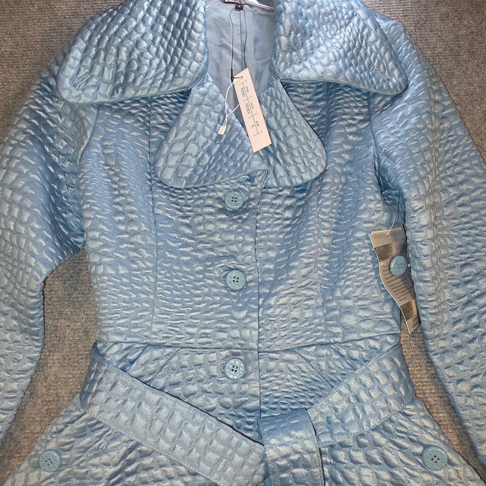 Samuel Dong Trench Coat Women S Ice Blue New Textured Bubble Belted F22023 - Picture 10 of 13